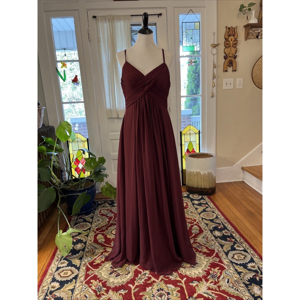 Azazie Blake Dress A10 Burgundy CabernatCross Front Bridesmaid Maxi Chiffon Lace
